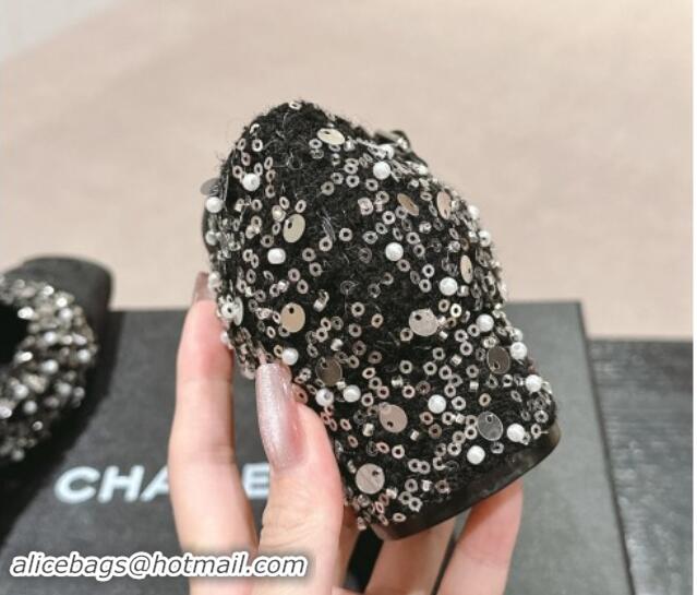 Duplicate Chanel Tweed & Sequins Mary Janes Pumps Black 910130