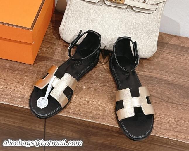 Durable Hermes Santorini Flat Sandals in Smooth Calfskin Gold/Black 909016