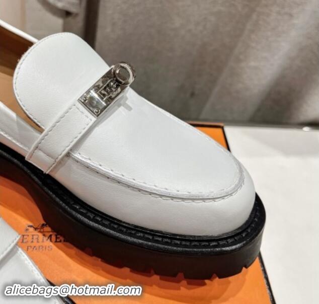 Perfect Hermes Icone Platform Loafers in Calfskin with Kelly Buckle White 909031