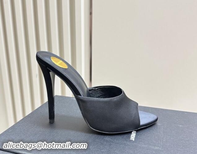 Feminine Saint Laurent Romy High Heel Slides Sandal 10.5cm in Satin Black 1010073