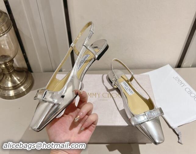 Luxurious Jimmy Choo Adalle Slingbacks Flat in Silver Metallic Leather with Bow 011040