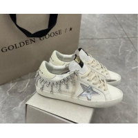 Grade Quality Golden Goose Super-Star Sneakers in white nappa leather with silver metallic leather star and Strass 05300