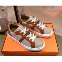 Modern Hermes Day Calfskin and Canvas Sneakers with Kelly Buckle Brown/Beige 032559