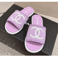 Good Looking Chanel Knit Fabric Flat Slide Sandals with CC Purple 0322140