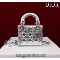 Luxurious Grade Dior Mini Lady Dior Bag in Metallic Cannage Leather M0505 Silver 2024