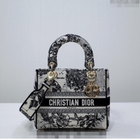 Stylish Dior Medium Lady D-Lite Bag in Toile de Jouy Zodiac Embroidery CD2801 White and Black 2024
