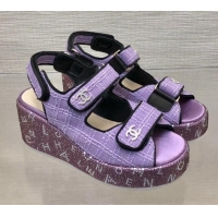 Perfect Chanel Tweed Wedge Sandals with Crystals and Letters Purple 0423007