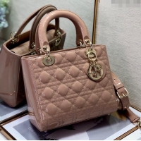 Modern Classic Dior Medium Lady Dior Bag in Cannage Patent Leather 44532 Nude Pink/Gold 2024
