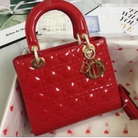 Buy Fashionable Dior Medium Lady Dior Bag in Cannage Patent Leather 44532 Red/Gold 2024